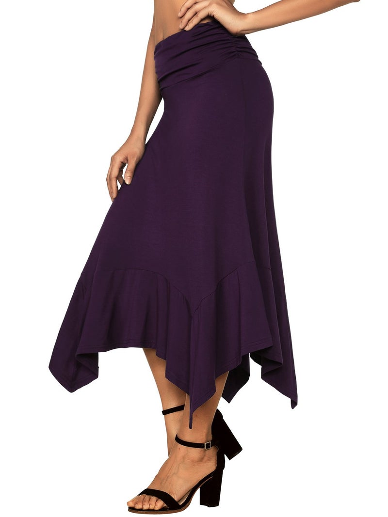 DJT Women's Ruched Elastic Waist Soft Flowy Handkerchief Hem Midi Swing Skirt X-Large Purple - Image 3